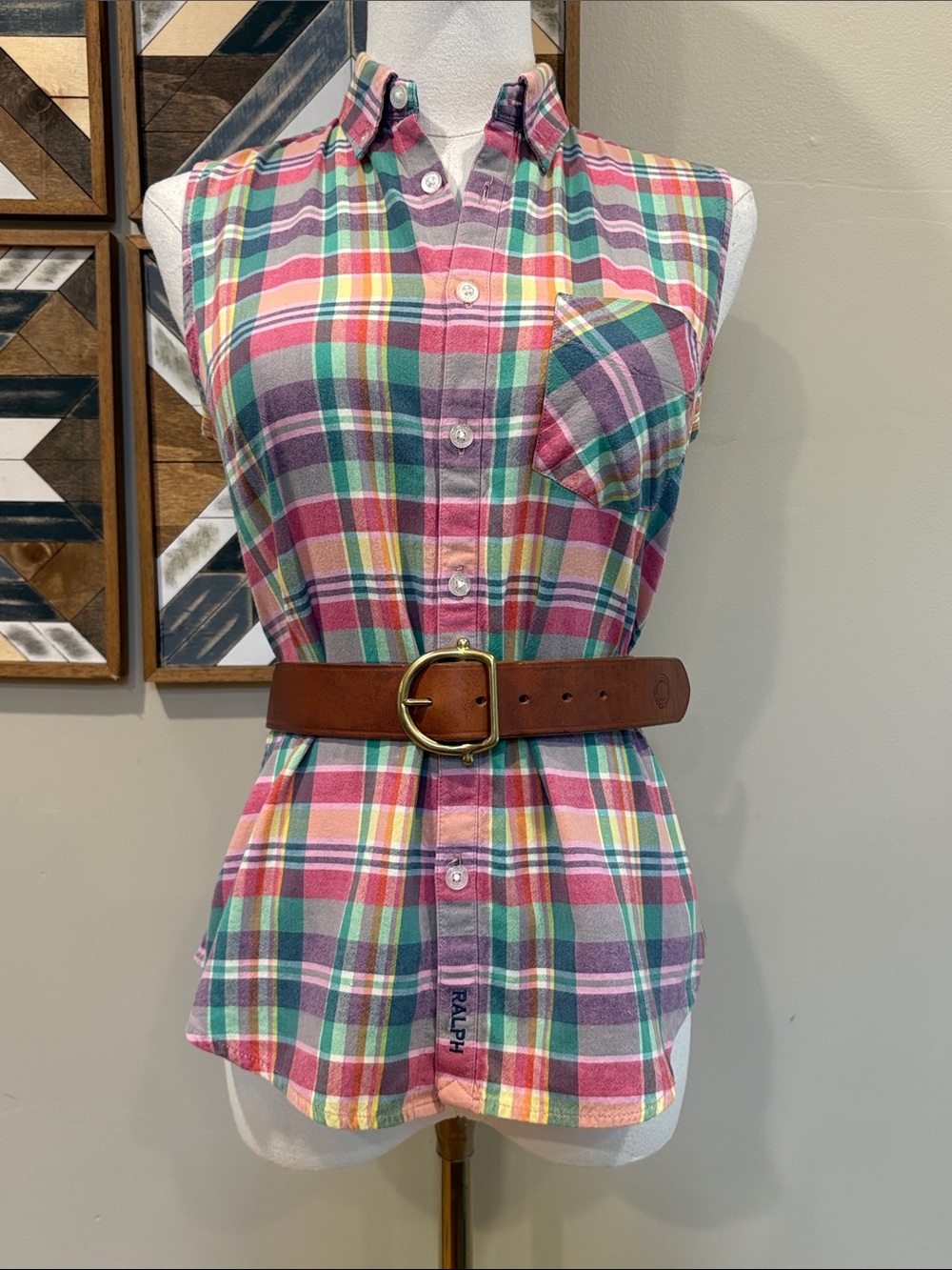 Vintage RALPH Ralph Lauren 90s Plaid Madras Sleeveless Cotton Top size Small